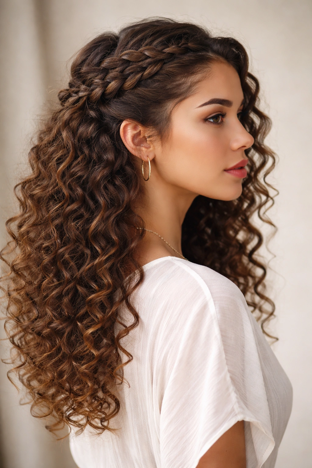 Off-center French braid on curly hair with flowing curls