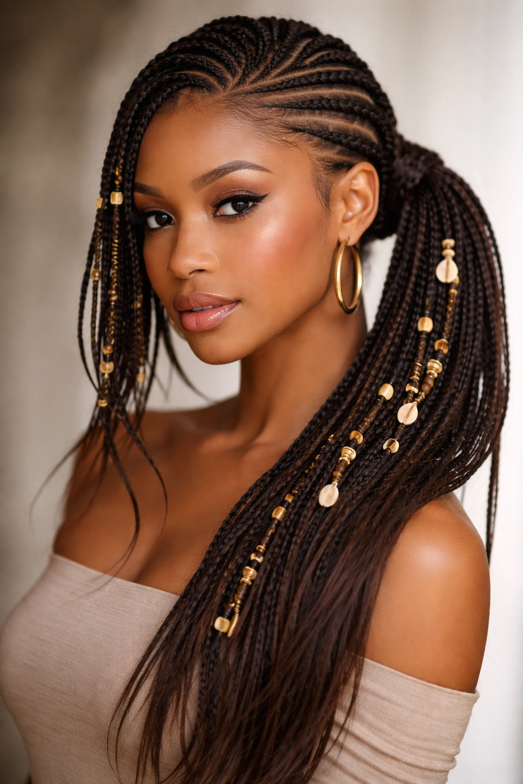 Asymmetrical Fulani braids forming a side ponytail with uneven density.