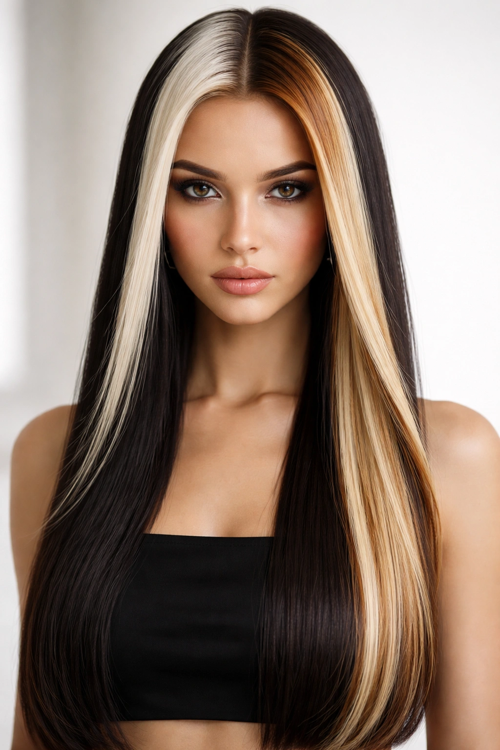 Straight hair displaying an asymmetrical skunk stripe with two distinct color schemes on each side.
