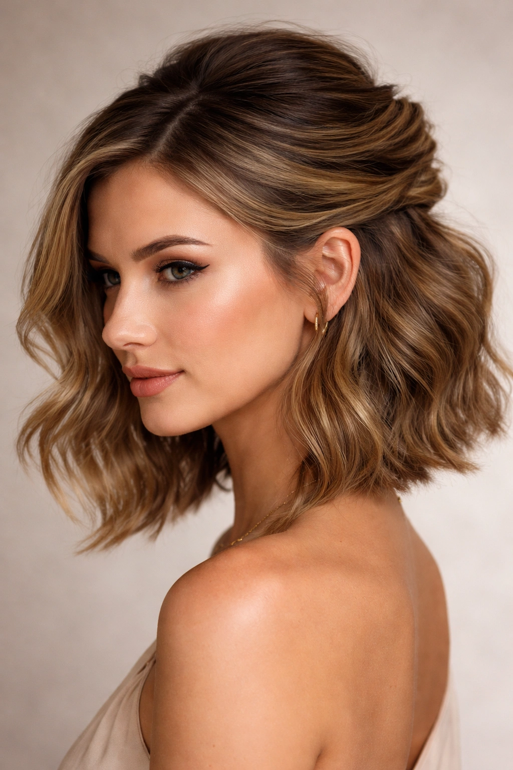Close-up of an asymmetrical half-up style on a wavy bob with an off-center part and hidden pins