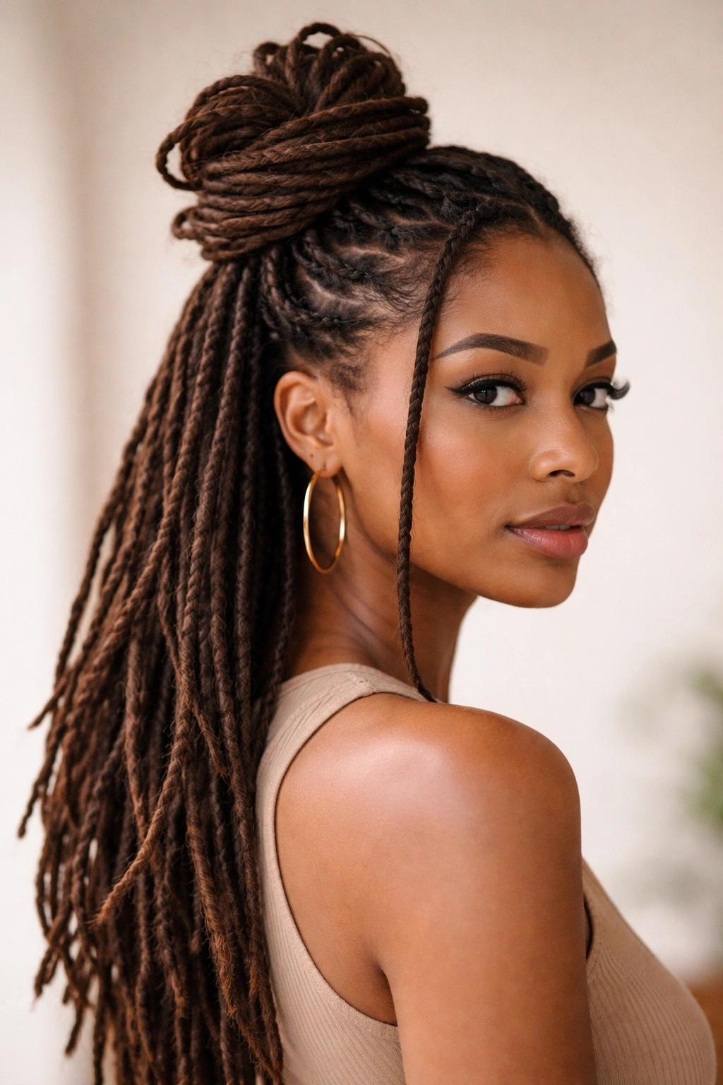 Asymmetrical half-up bun positioned off-center with uneven top and bun size.