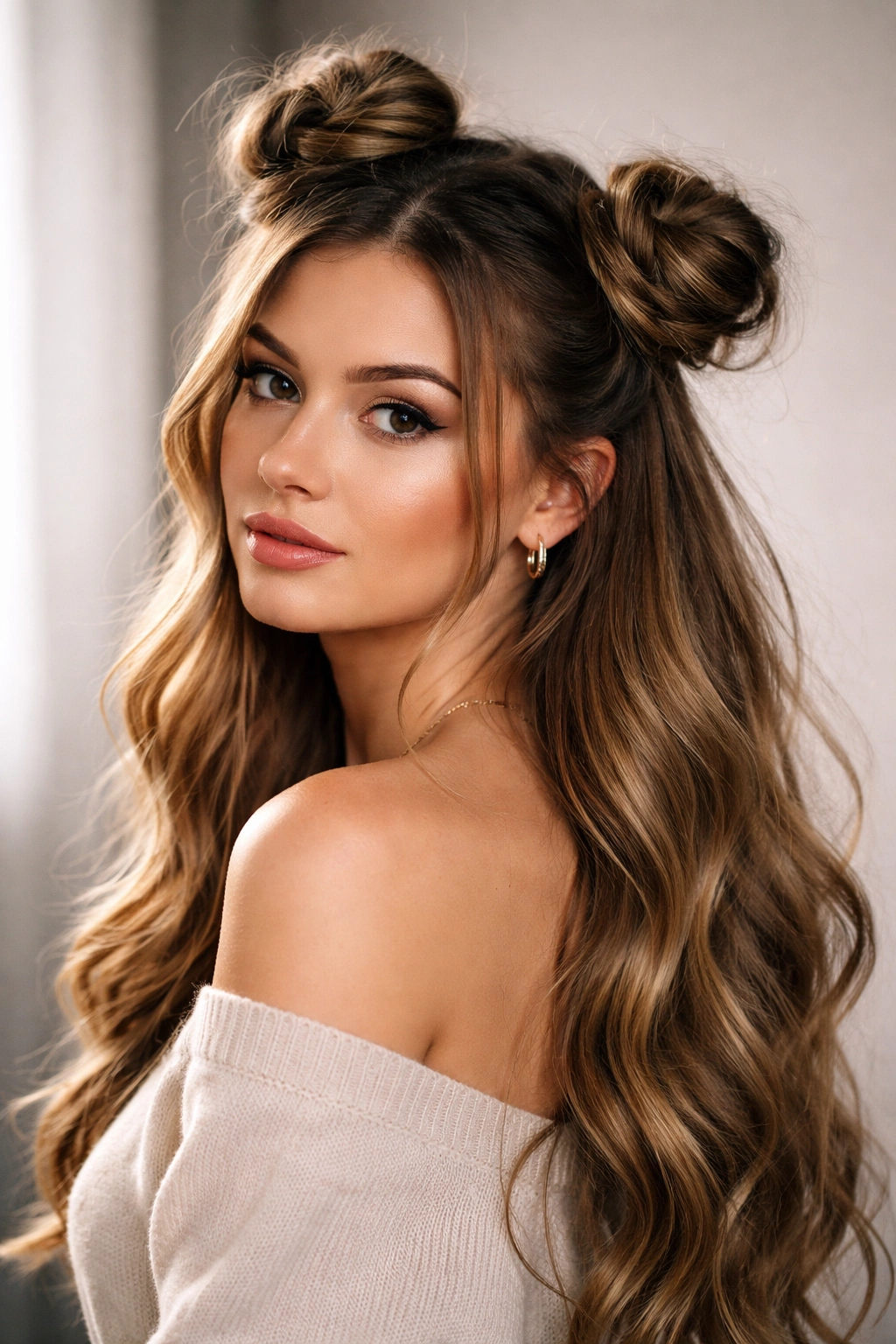 Asymmetrical half-up space buns with one bun higher than the other