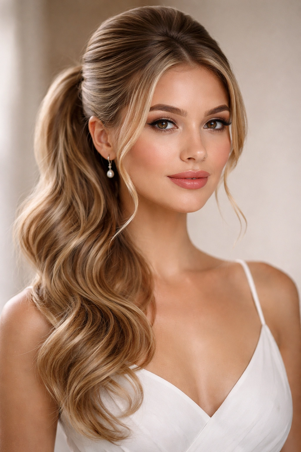 Asymmetrical half-up hairstyle with cascading longer side section