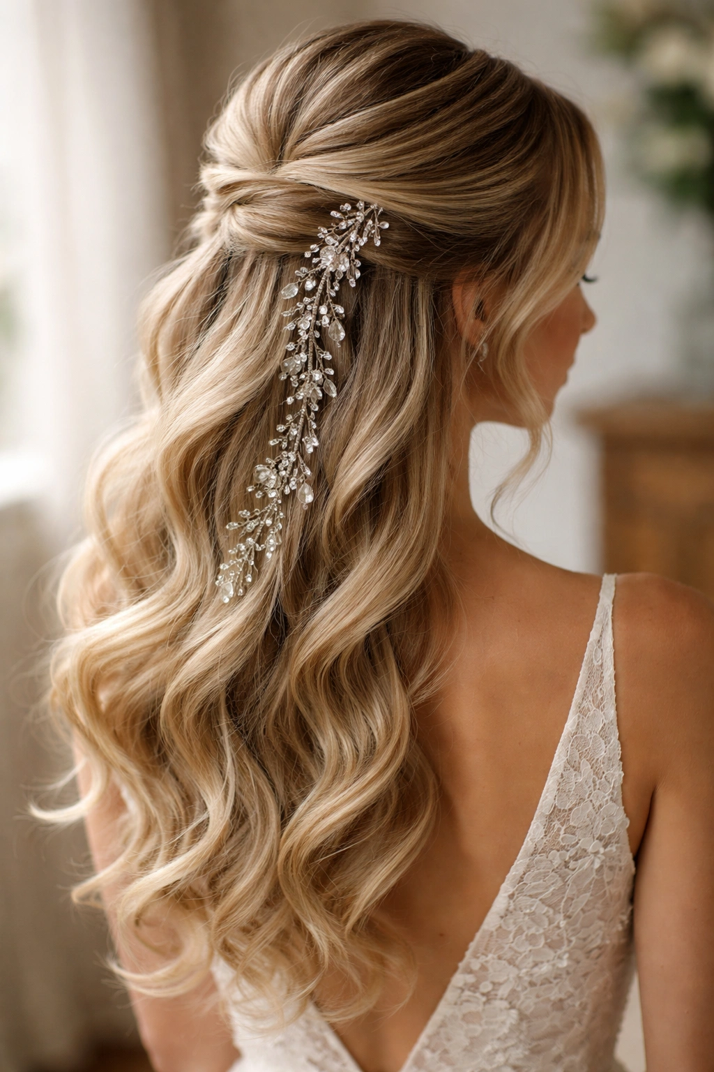 Asymmetrical half-up with cascading crystals down the side