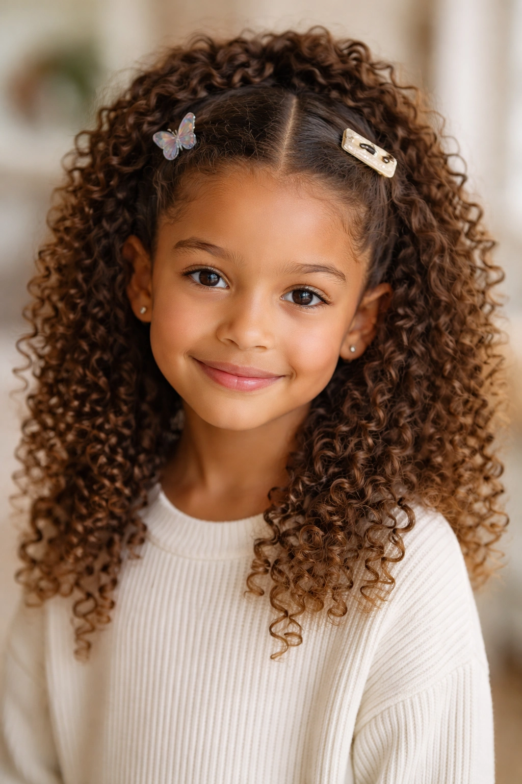Front view of half-up hairstyle with two asymmetrical clips on curly hair