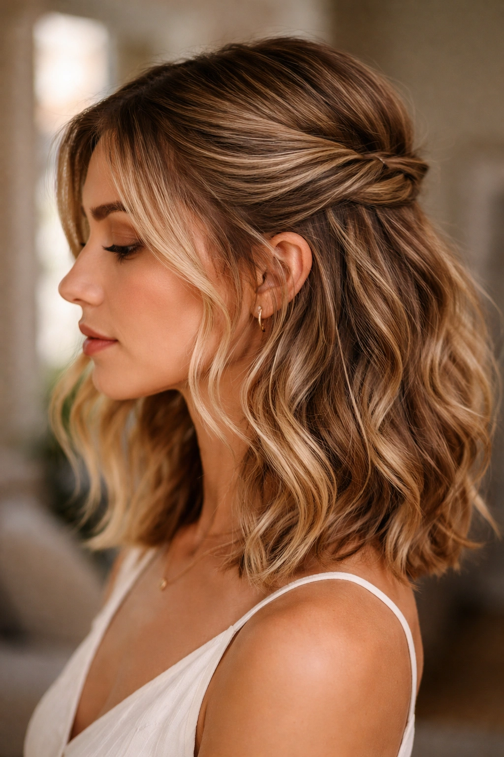 Asymmetrical half-up gathered from one side with waves