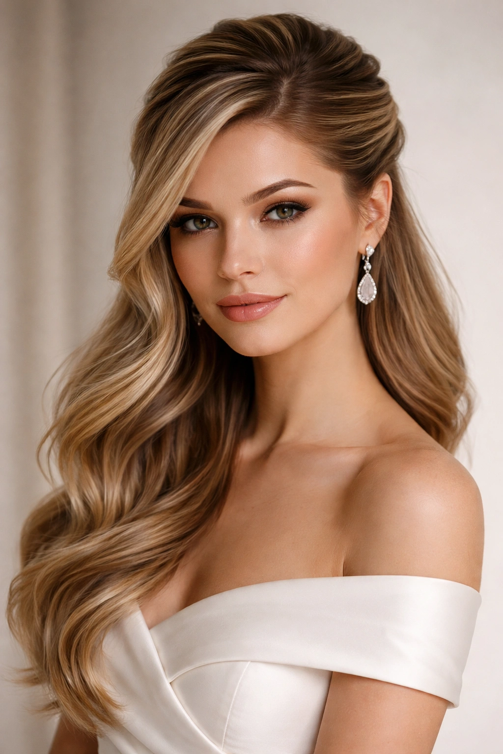 Asymmetrical half up hairstyle with off-center volume and sleek side