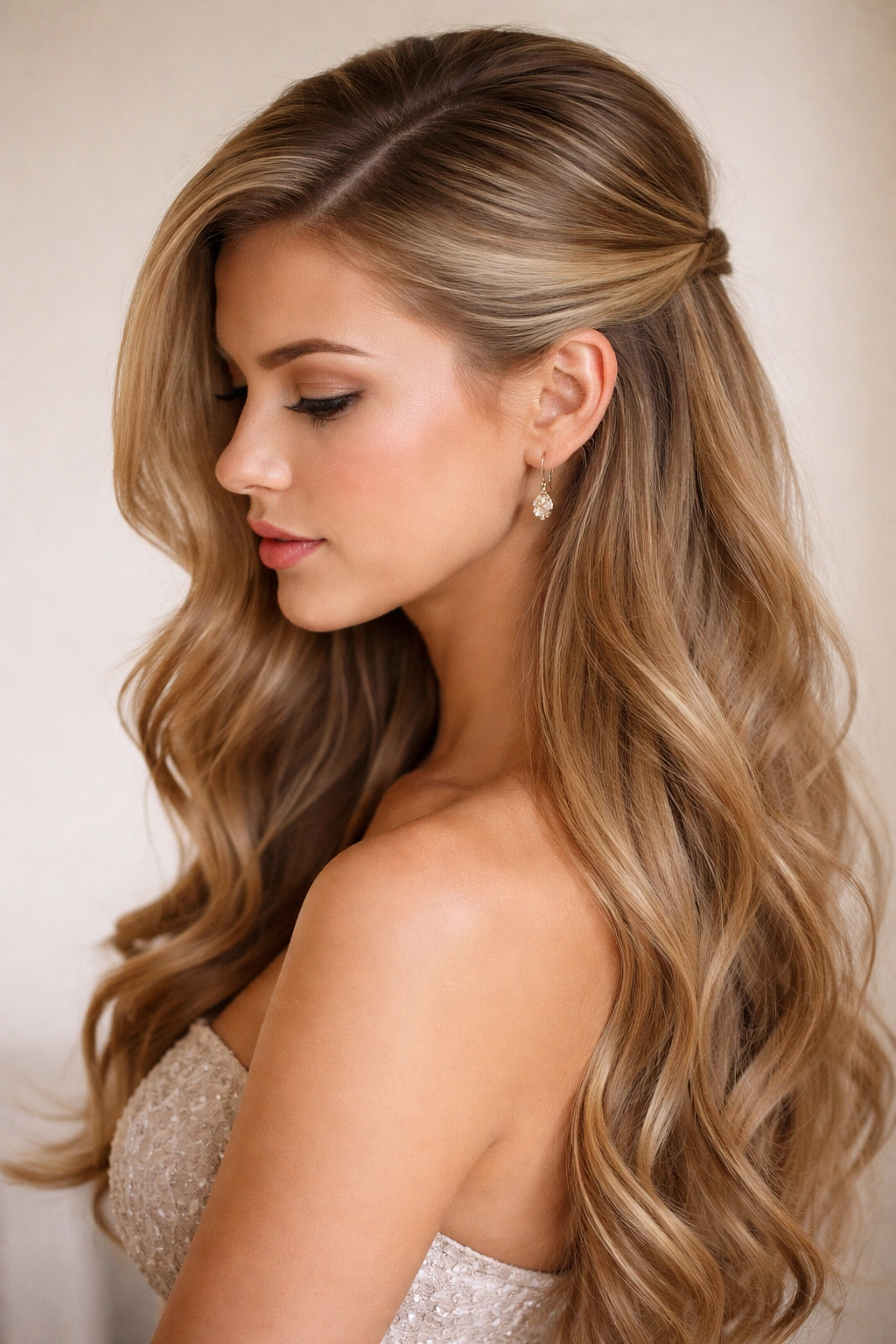 Hair with deep side part and asymmetrical half-up secured at back, with soft waves on the larger side.
