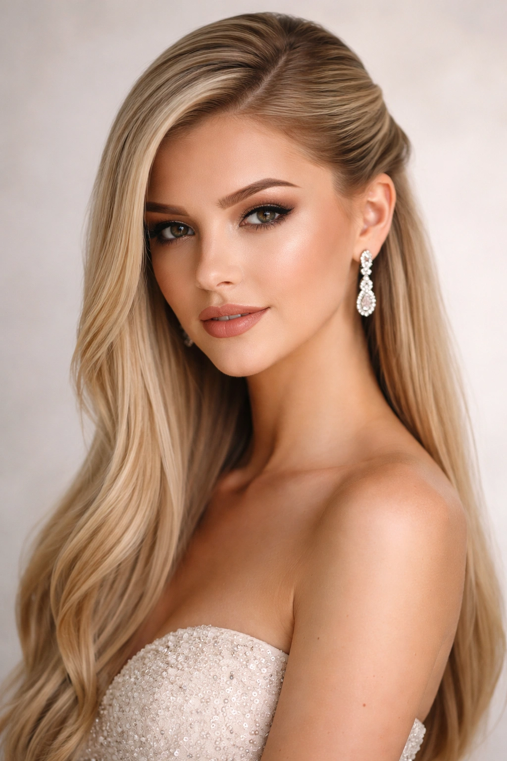 Asymmetrical half-up side style on straight hair with a bold gathered side