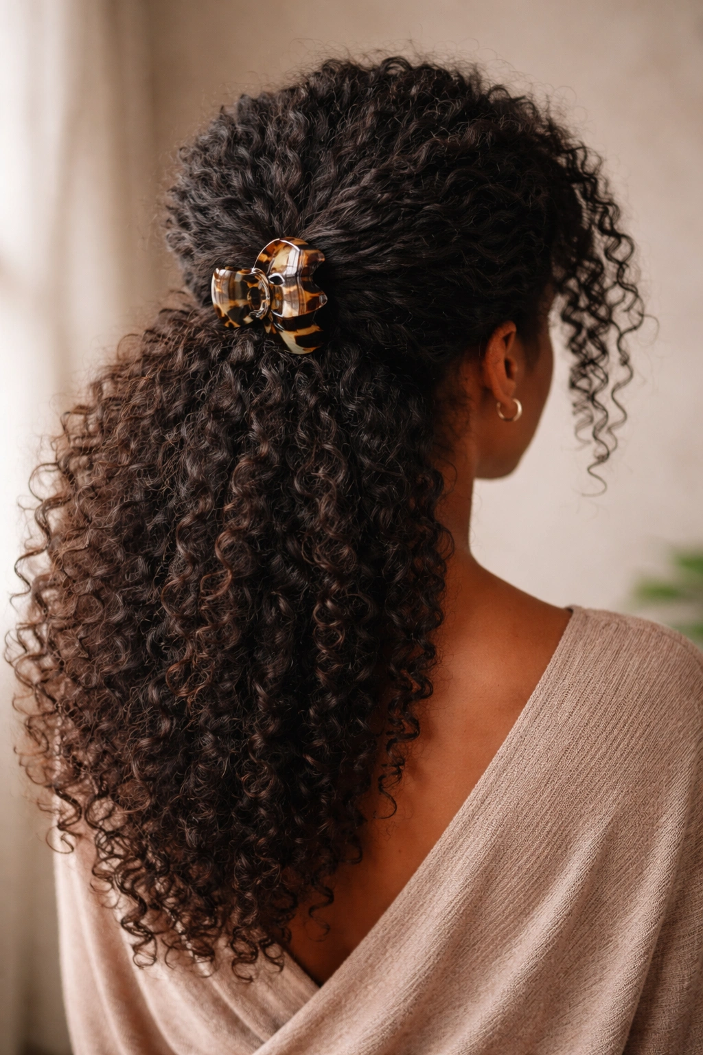 Back view of asymmetrical face-framing half-up with claw clip emphasis on texture
