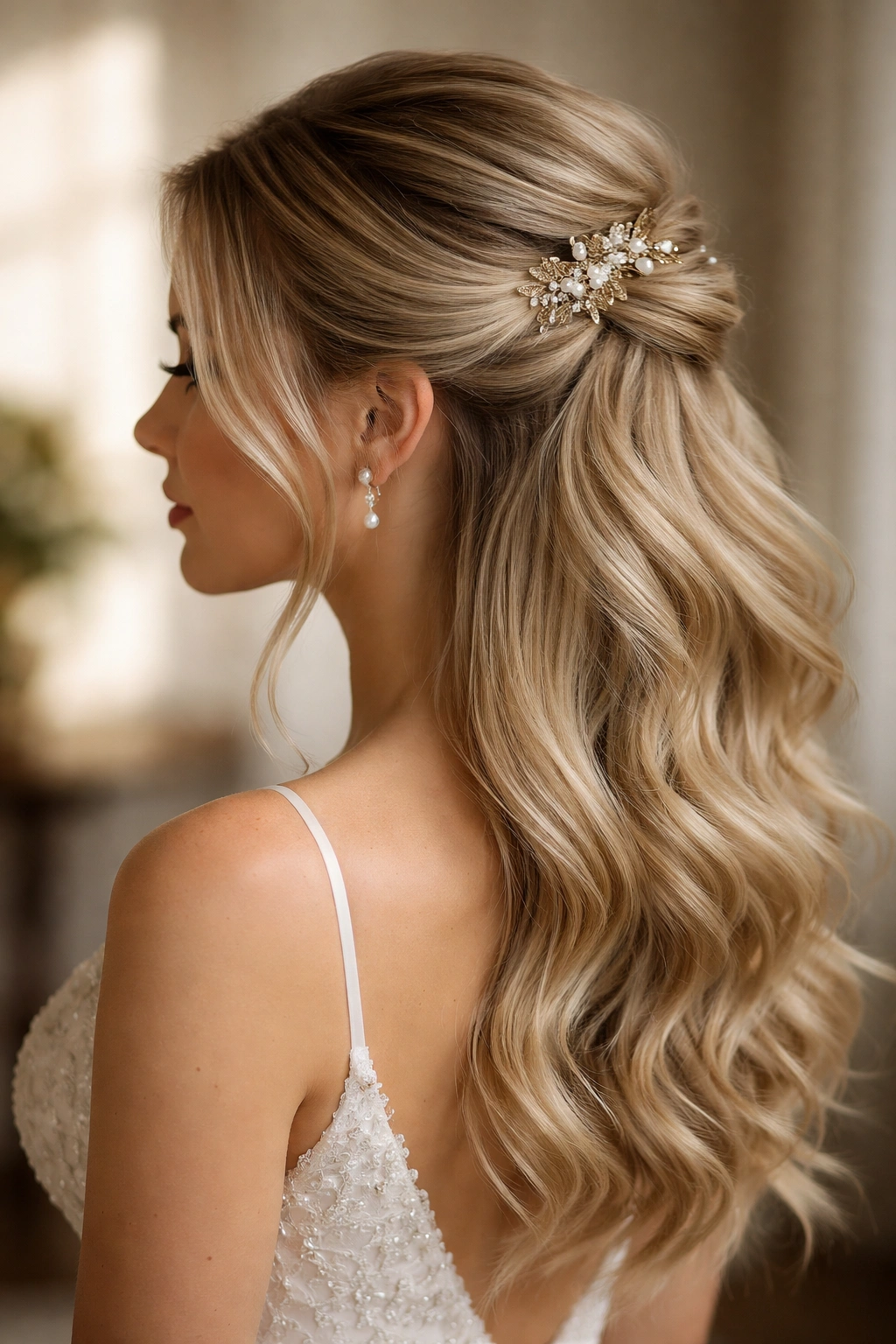 Close-up of an asymmetrical half updo with depth featuring right-side gathered hair and left-side waves