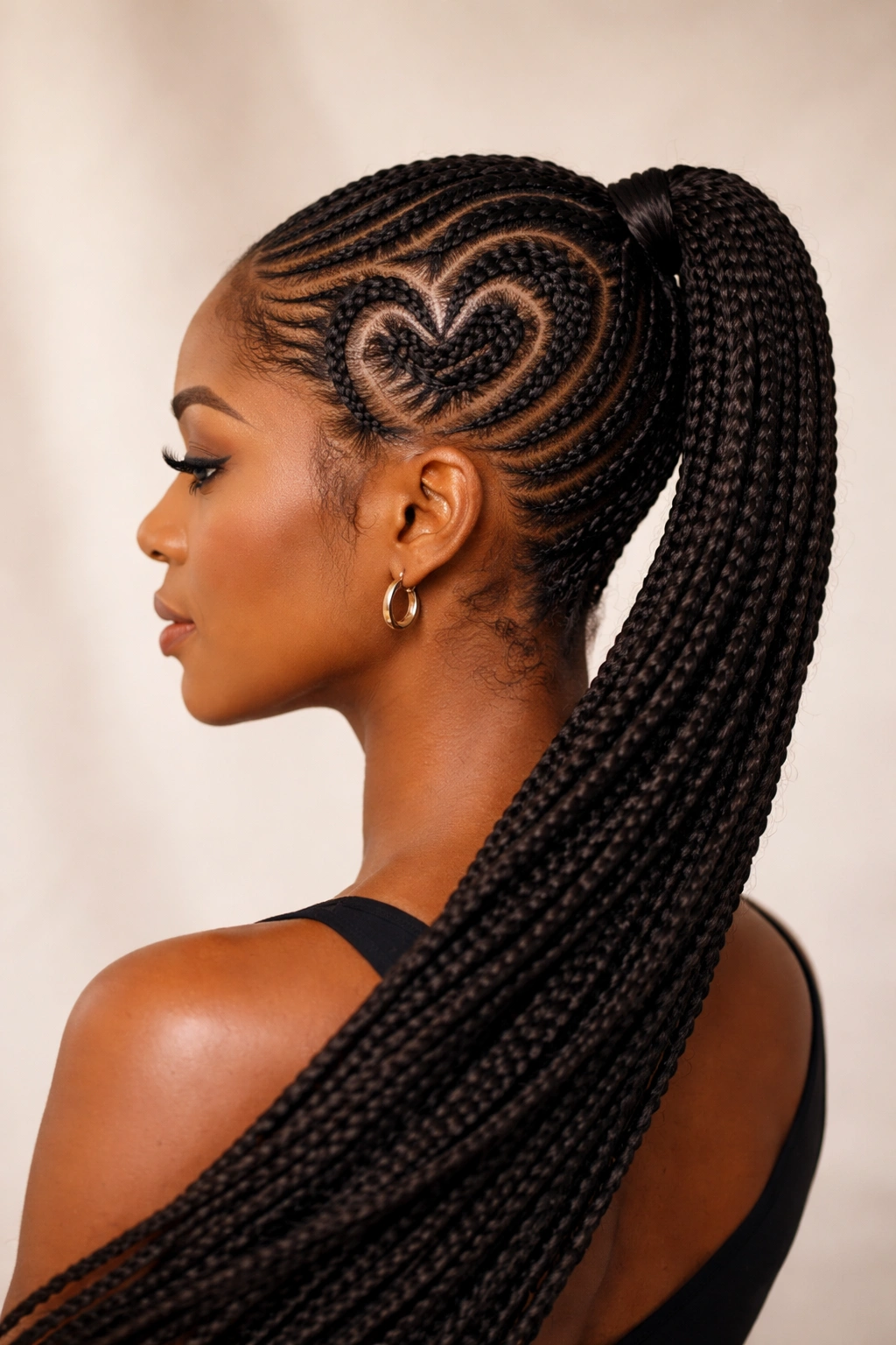 Side profile showing an asymmetrical heart pattern with a side ponytail.