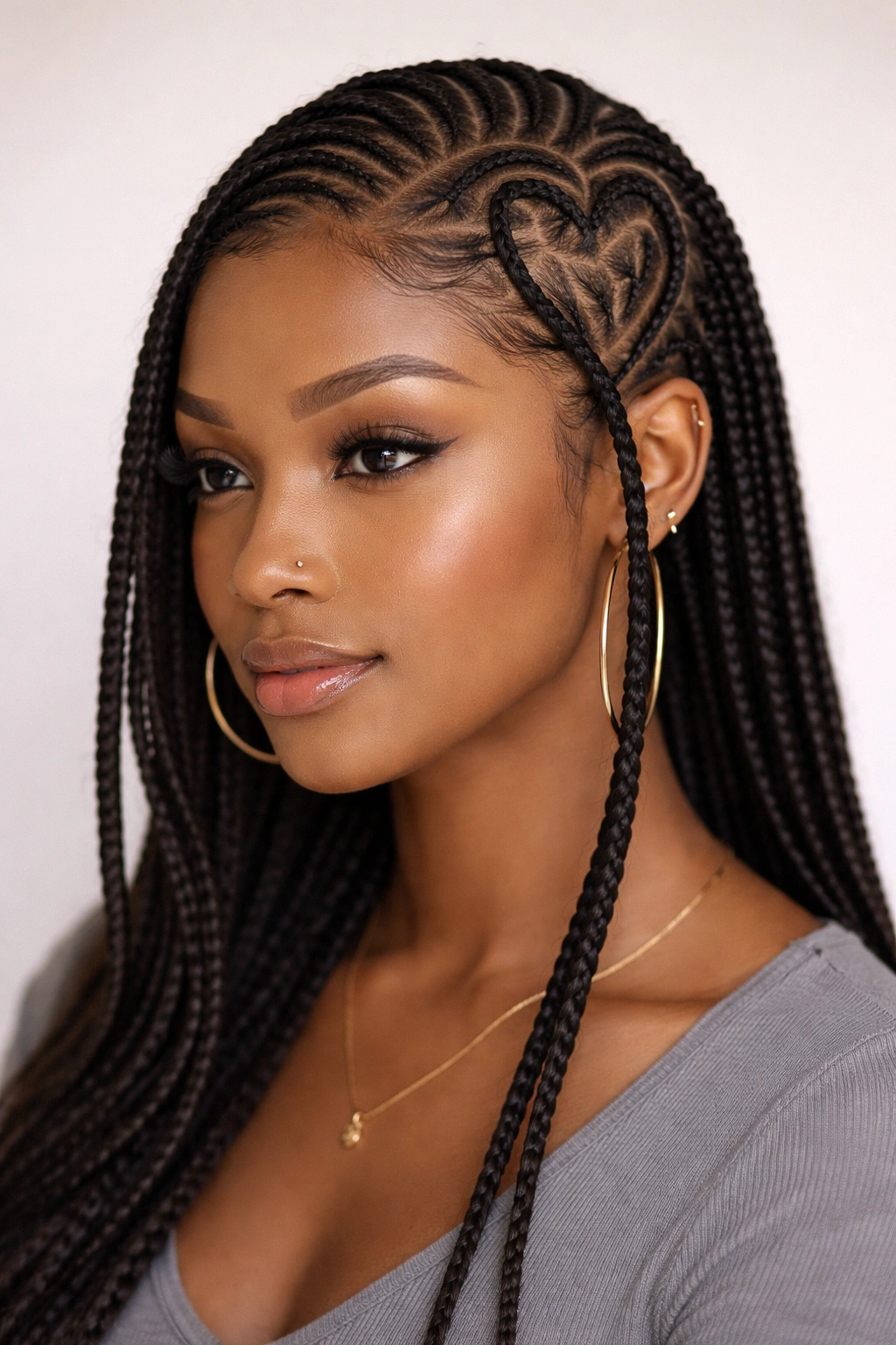 Off-center heart with face-framing braids in a three-quarter portrait