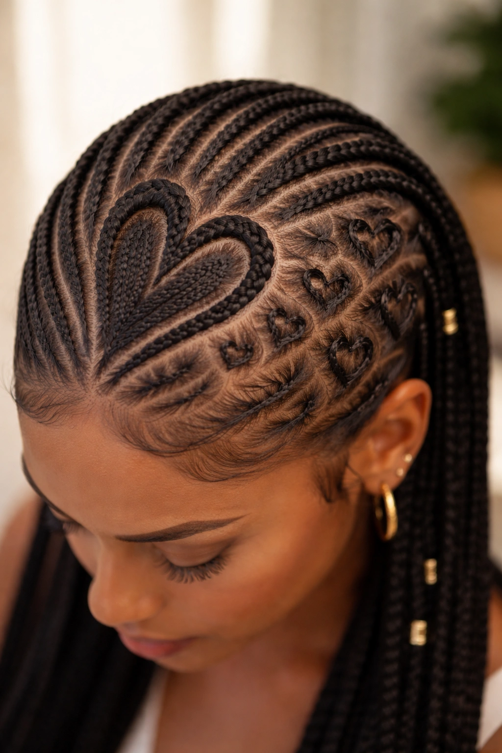 Asymmetrical placement of heart shapes of different sizes on a cornrow crown