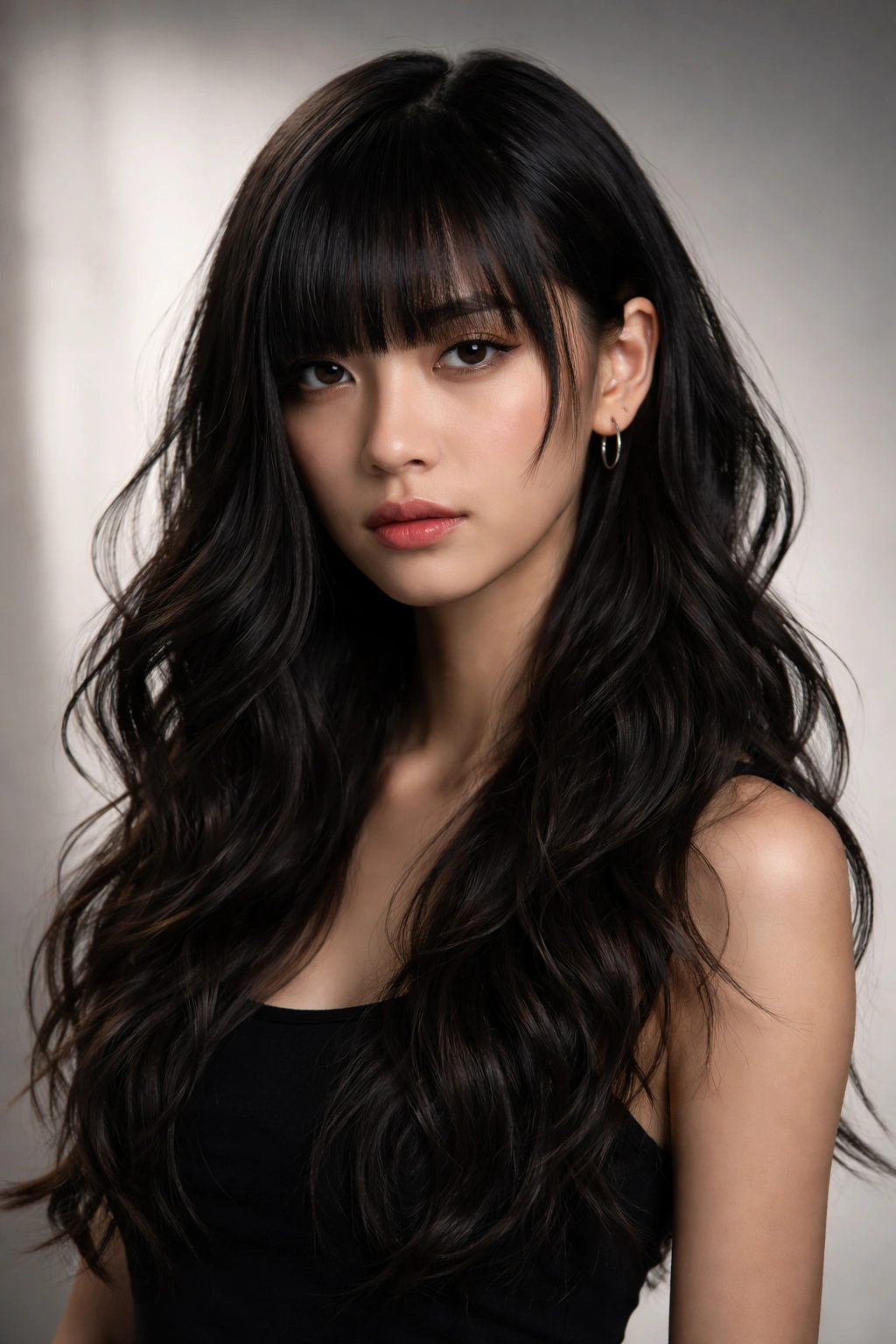 Portrait of a person with asymmetrical hime cut and varied length sides.