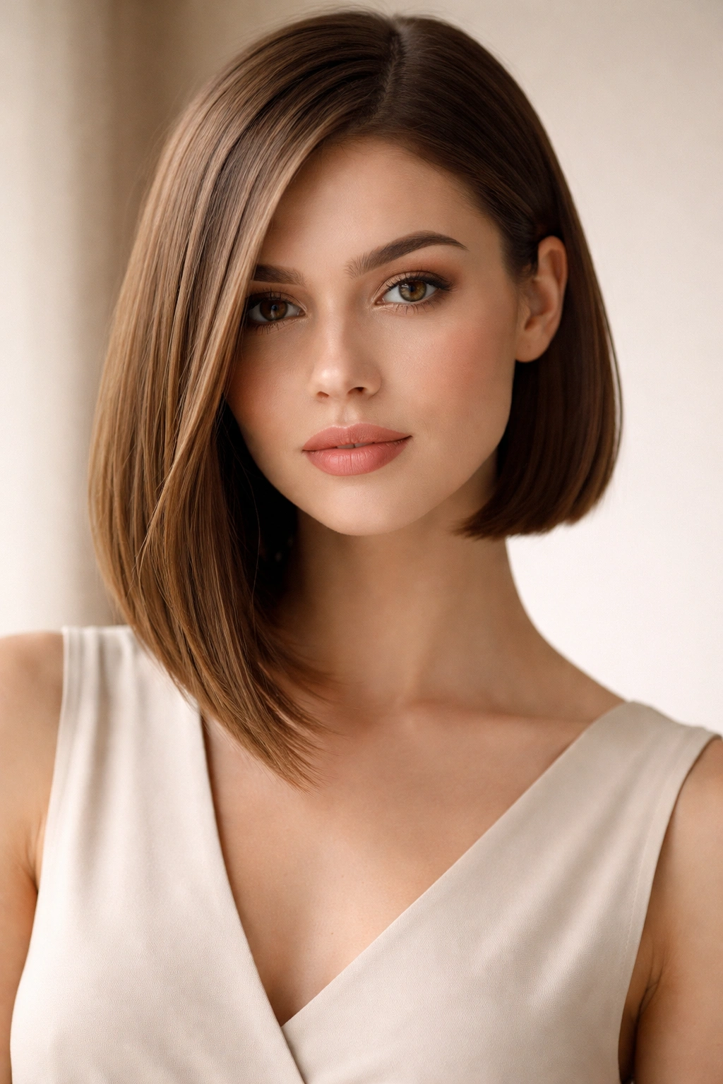 Asymmetrical Italian bob with one side longer on a straight-haired model