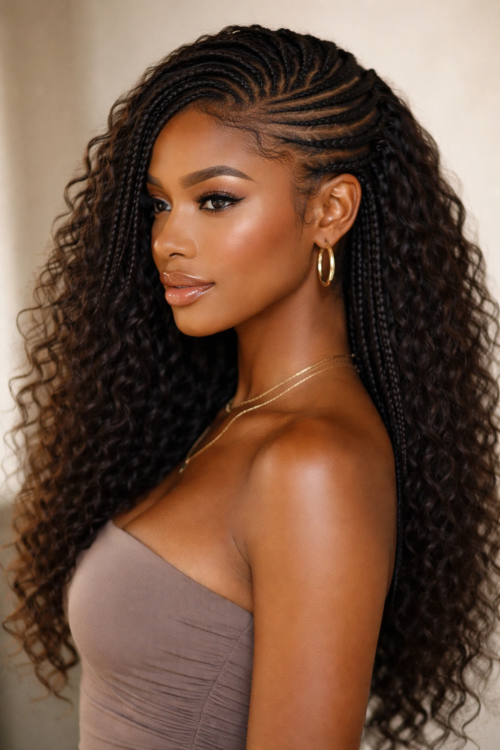 Asymmetrical side-sweep knotless braid on curly hair