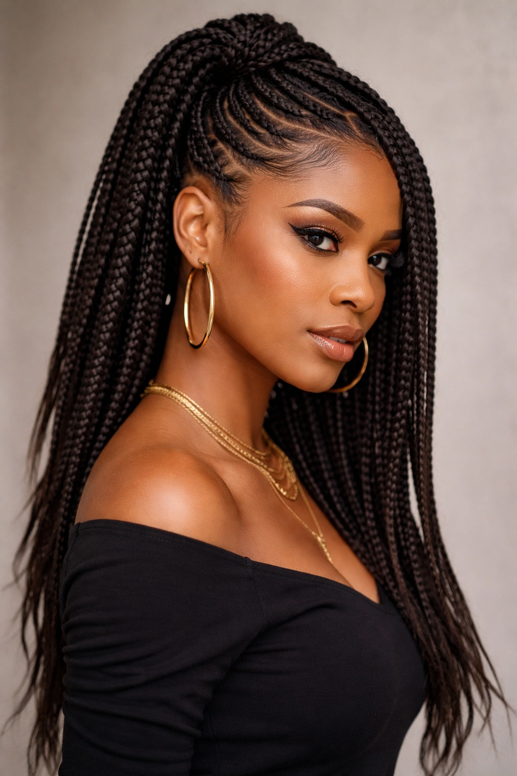 Off-center knotless half-up braid with asymmetrical placement