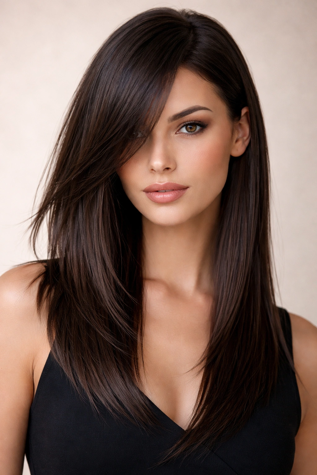 Head-and-shoulders showcasing asymmetrical straight layers with one side shorter and more layered.