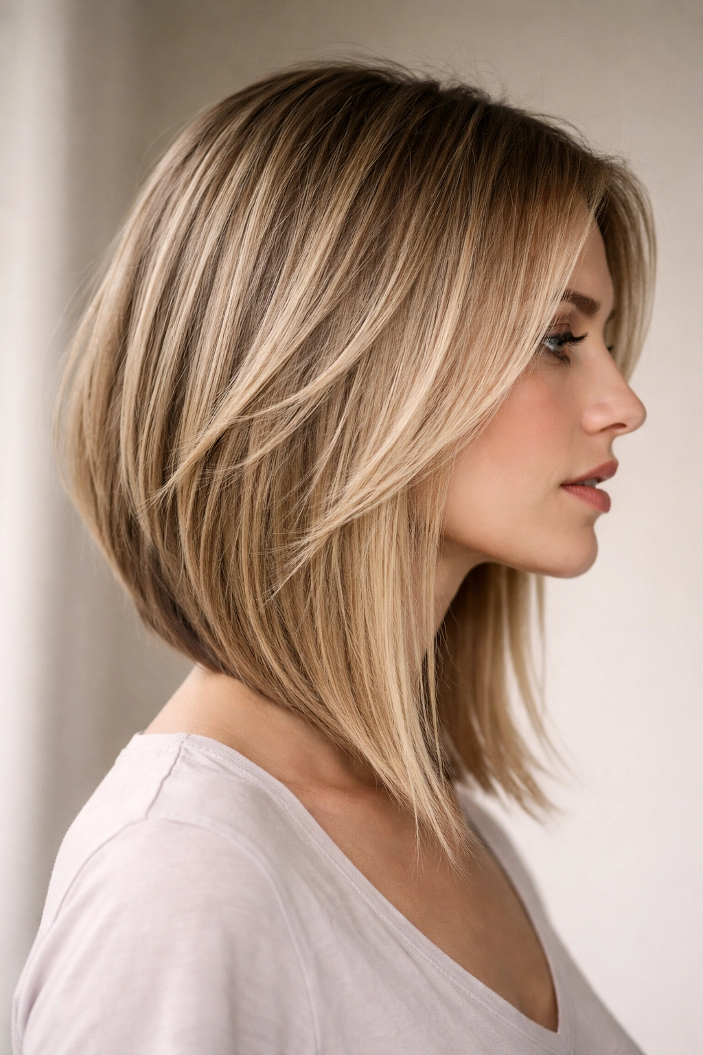 Close-up profile of a head with an asymmetrical lob on fine straight hair, showing longer and shorter sides.