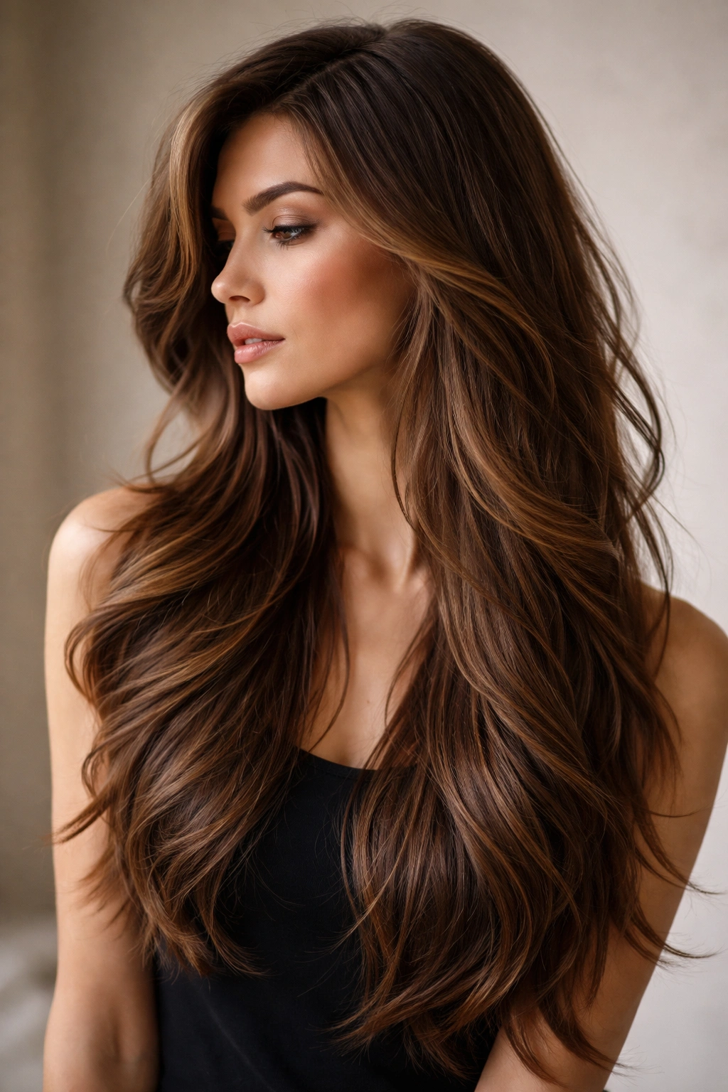 Close-up profile of a model with asymmetrical long layers in brown waves