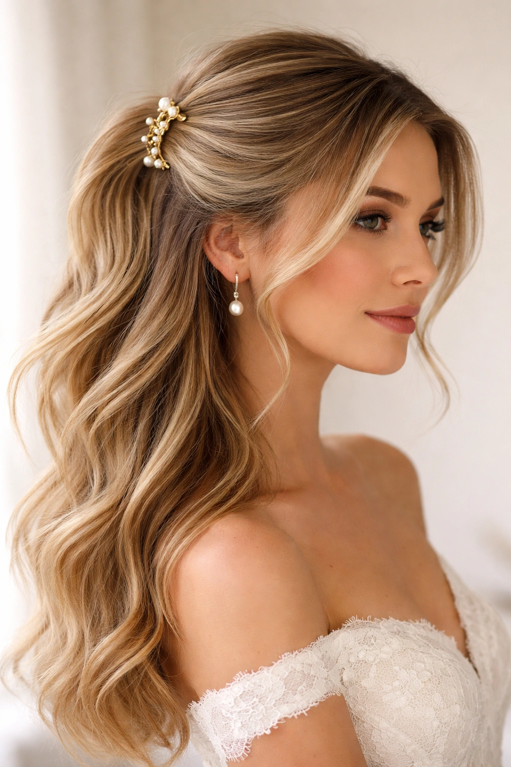 Asymmetrical half-up hairstyle with clip on crown and uneven sides