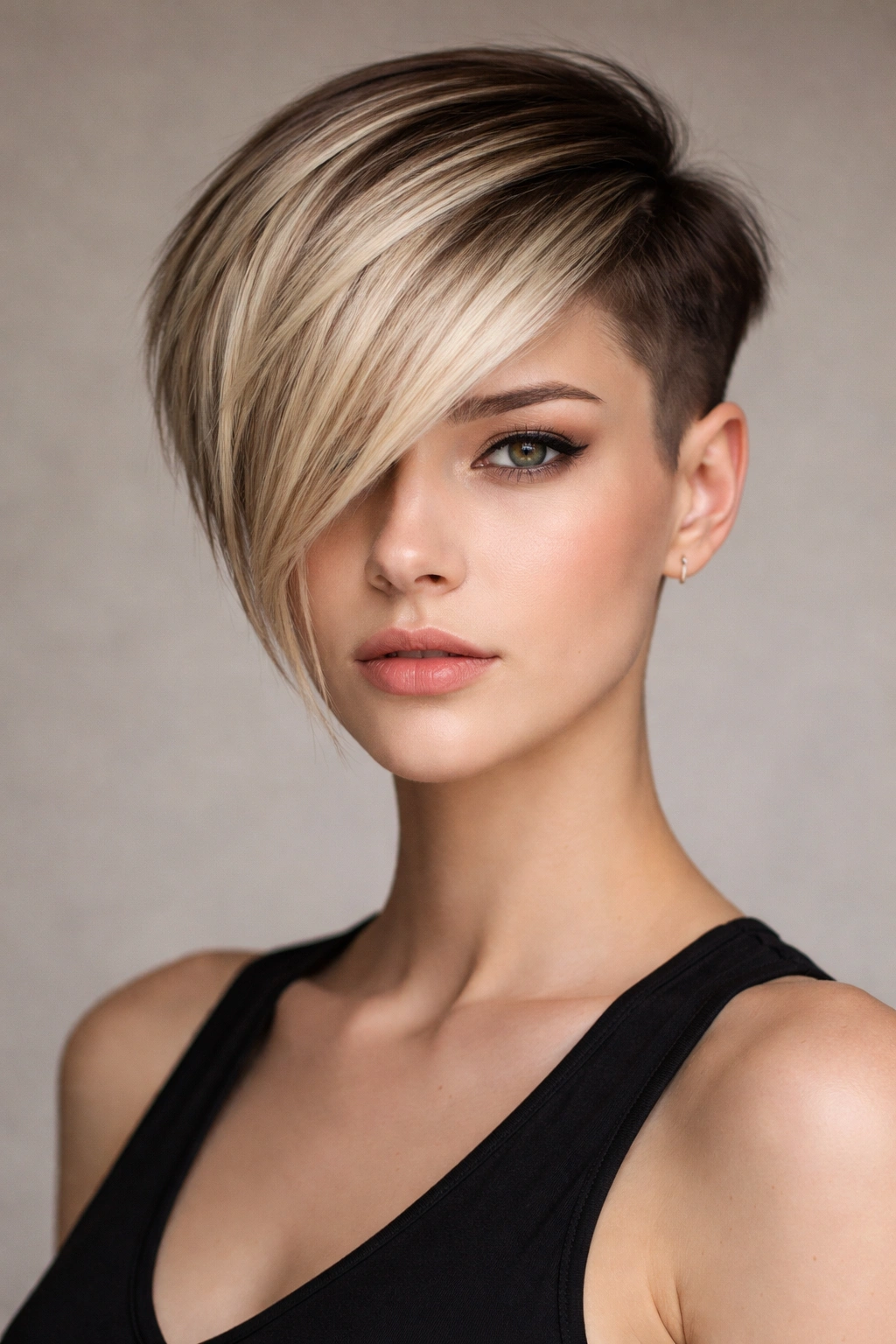 Close-up of a bold asymmetrical pixie with dramatic length difference on straight hair