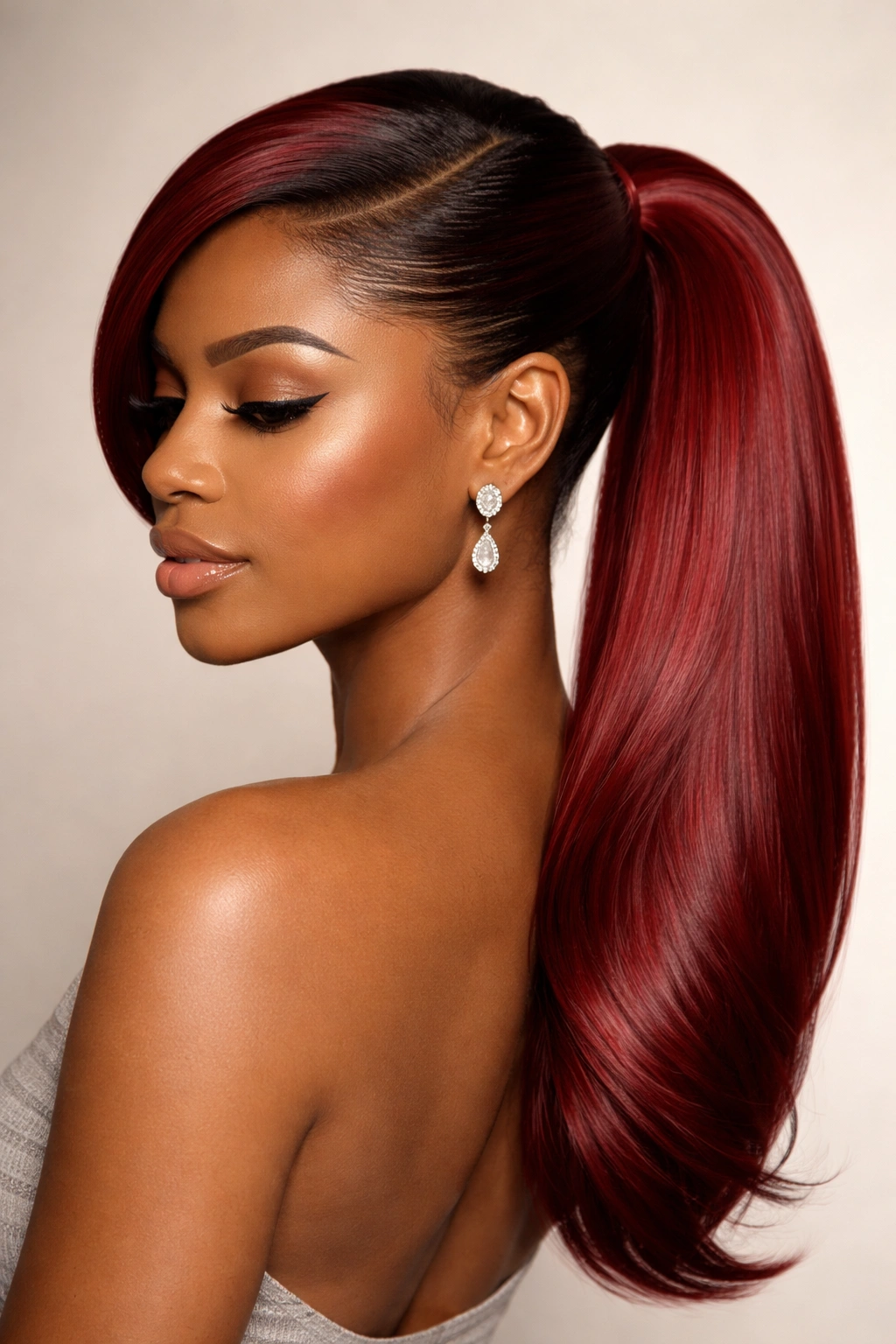 Glossy red weave ponytail swept to the side at the back corner of the head.