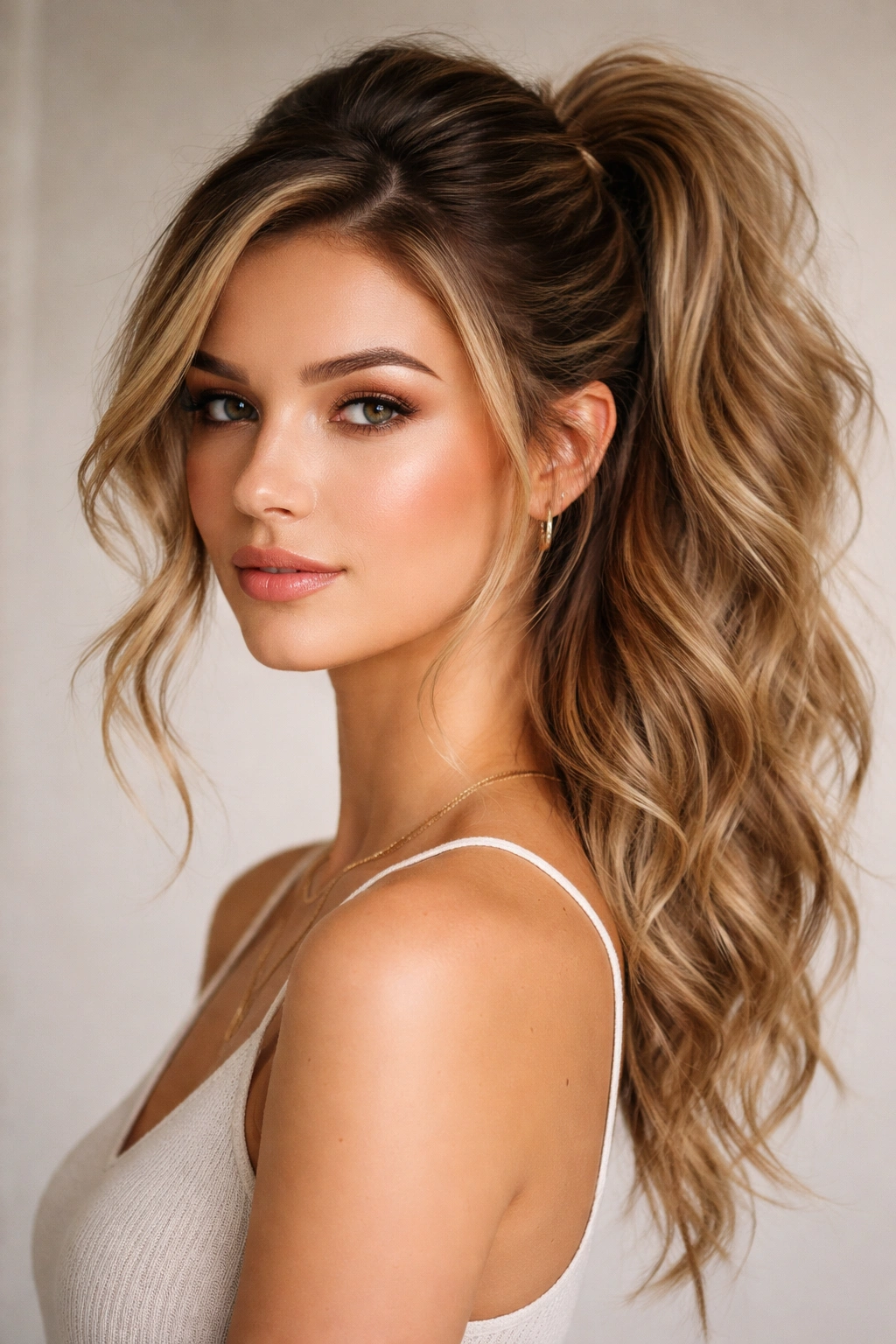 Half-up hairstyle pulled to one side with side-swept volume