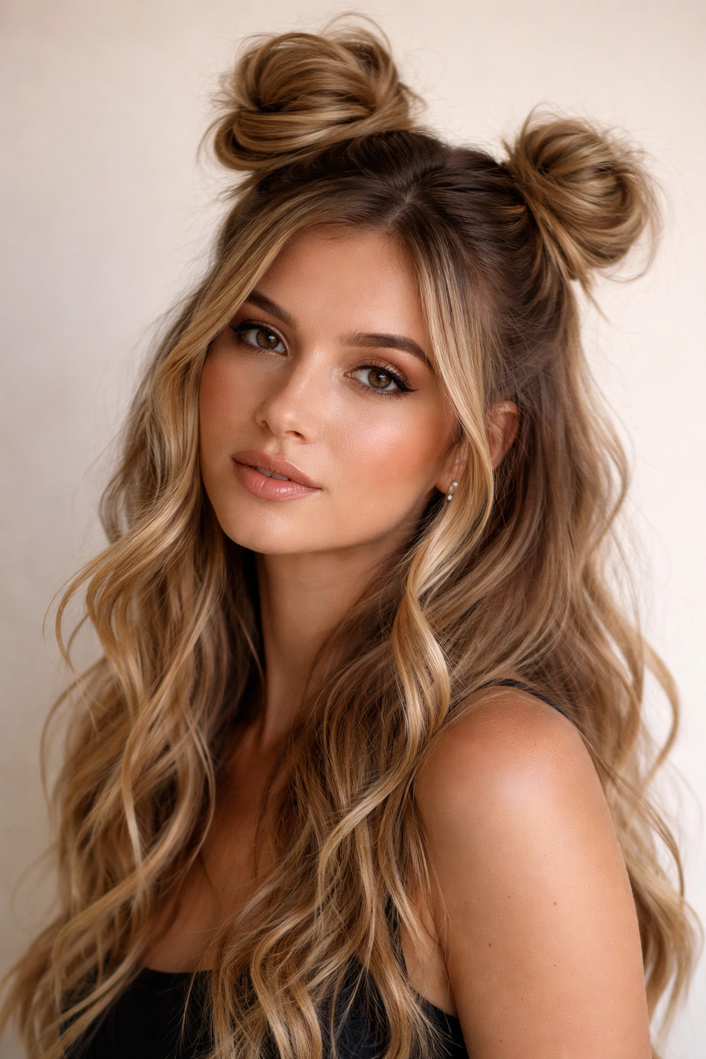 Close-up of asymmetrical half-up space bun with uneven bun sizes