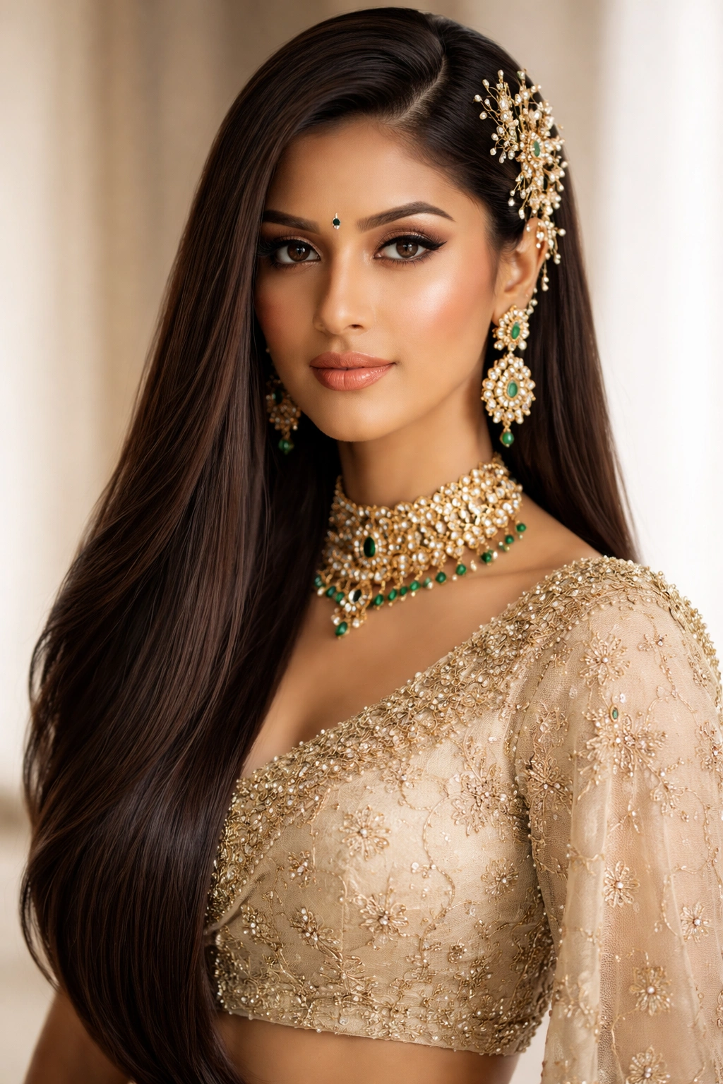 Asymmetrical straight hairstyle with one side pinned and the other flowing