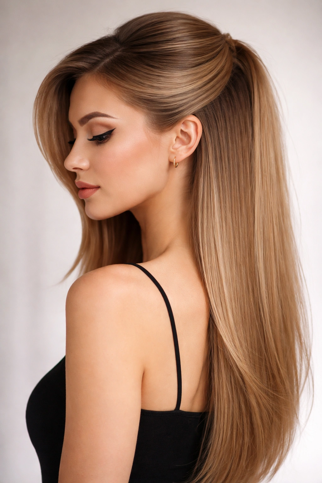 Dramatic asymmetrical swoop across the crown on straight hair with one side heavily swept.