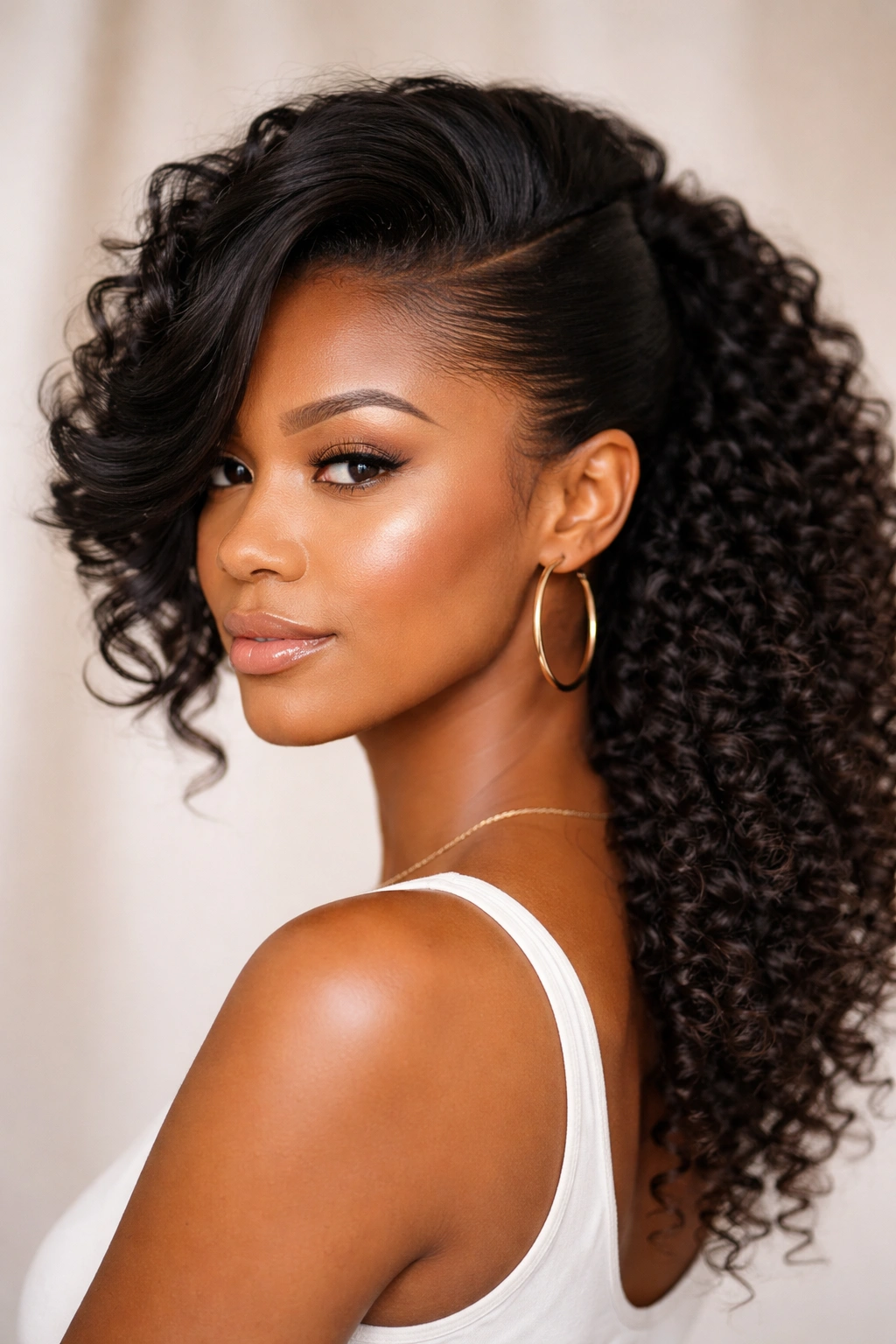 Close-up of natural hair with a dramatic one-sided swoop and voluminous opposite side