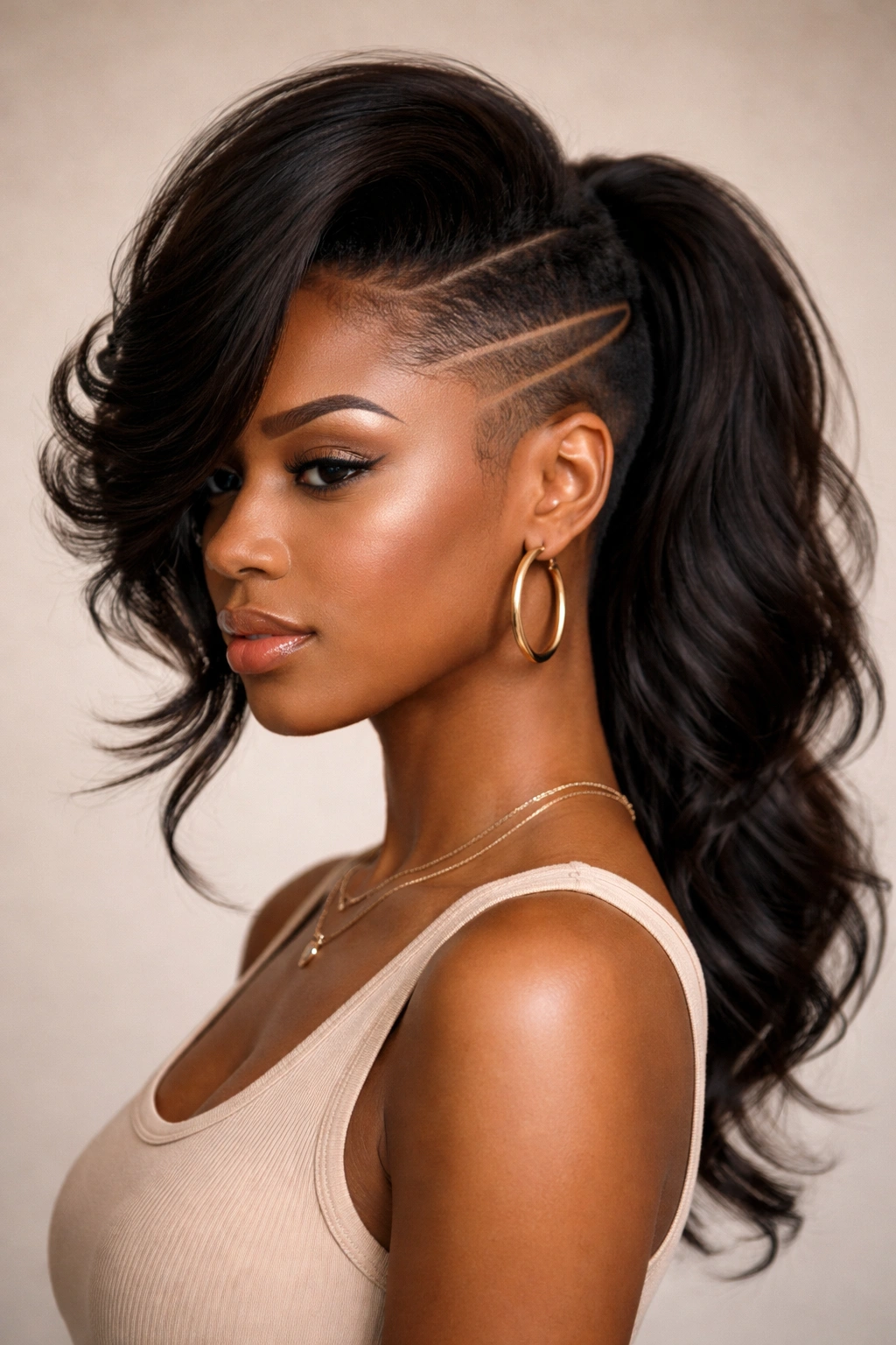 Close-up profile of a natural hair swoop with an undercut line