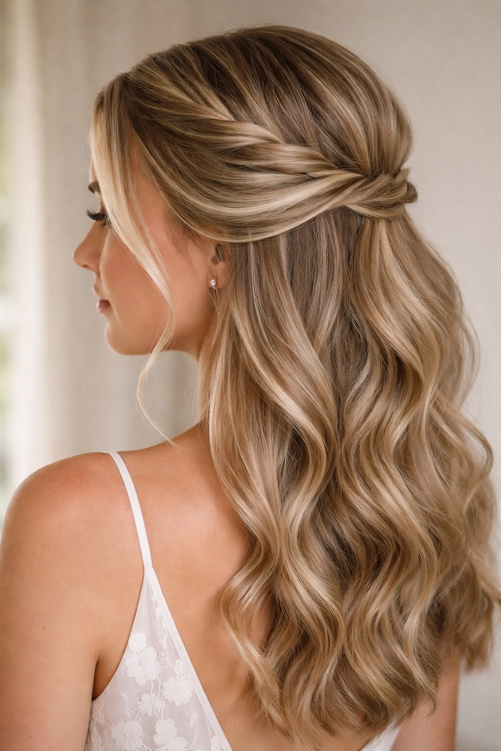 Close-up of an asymmetrical half-up side twist hairstyle on a bridesmaid.