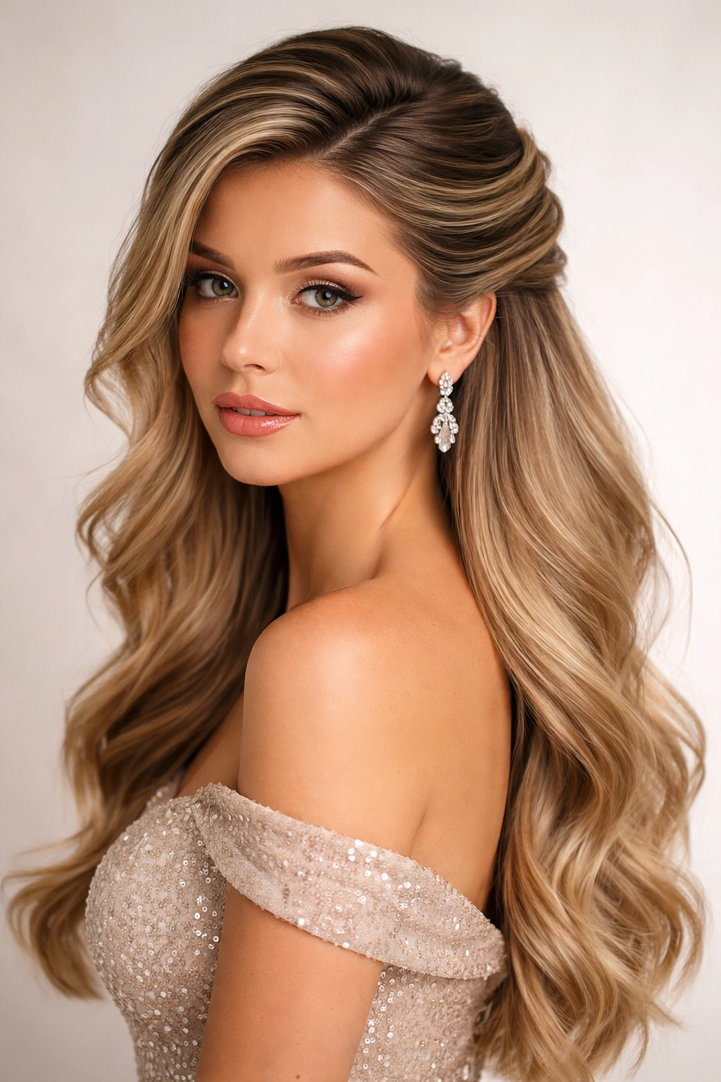 Close-up of asymmetrical side-swept half twist hairstyle with a dramatic one-sided twist, prom look.