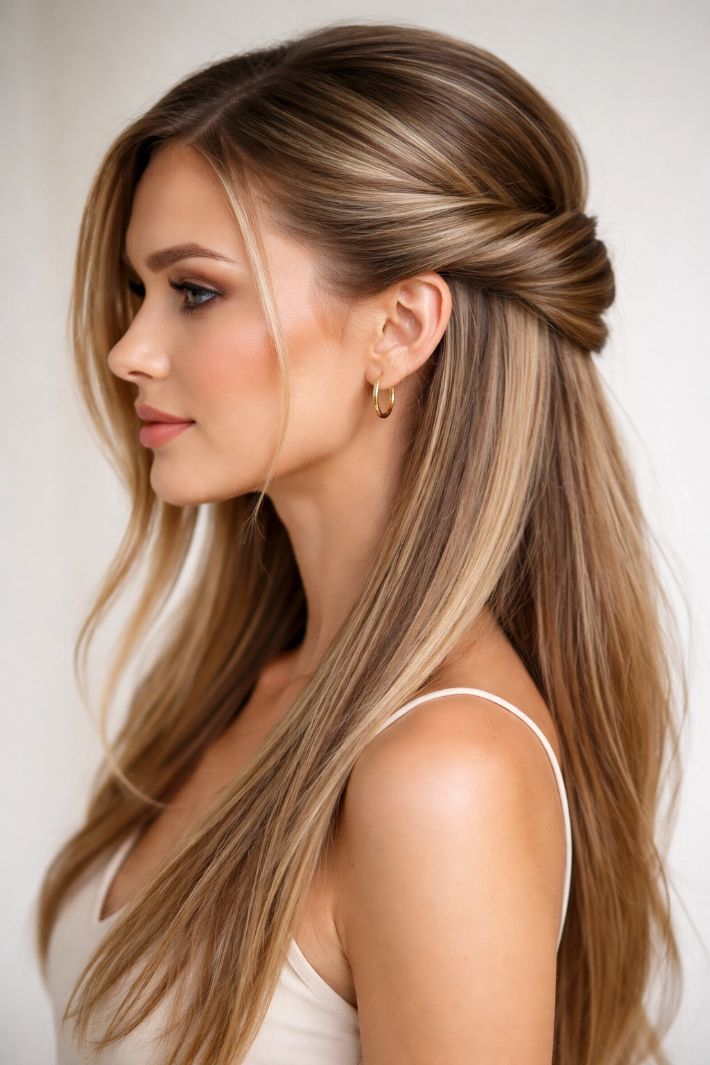 Profile view of asymmetrical twisted side sweep on straight hair