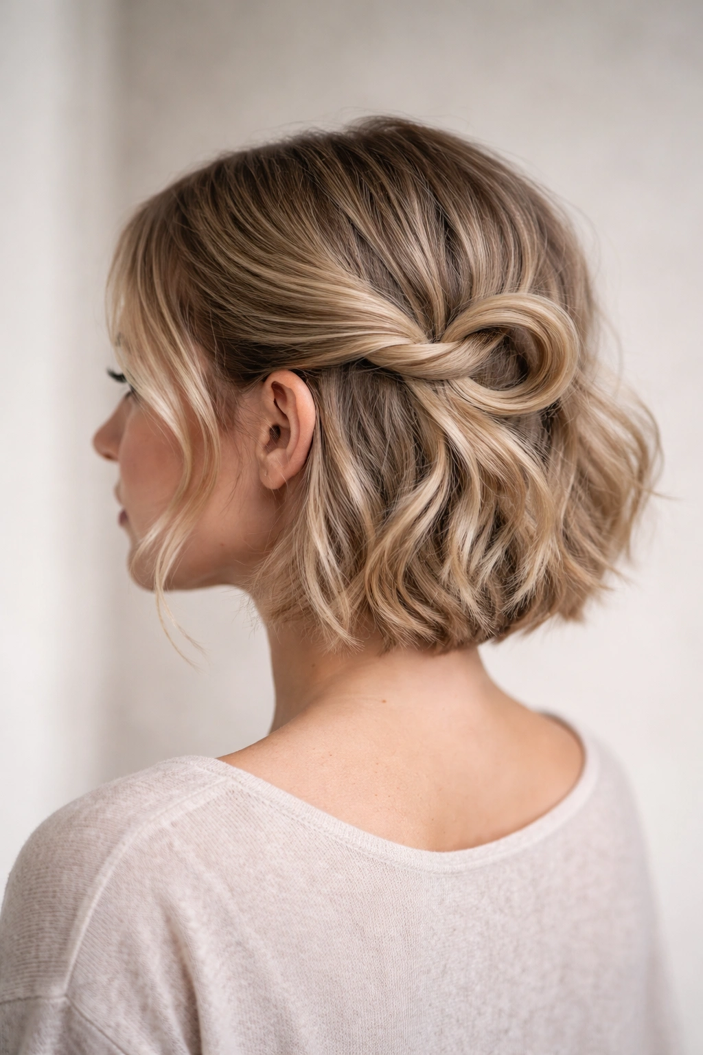 Single twisted loop on one side of the head, pinned at the base