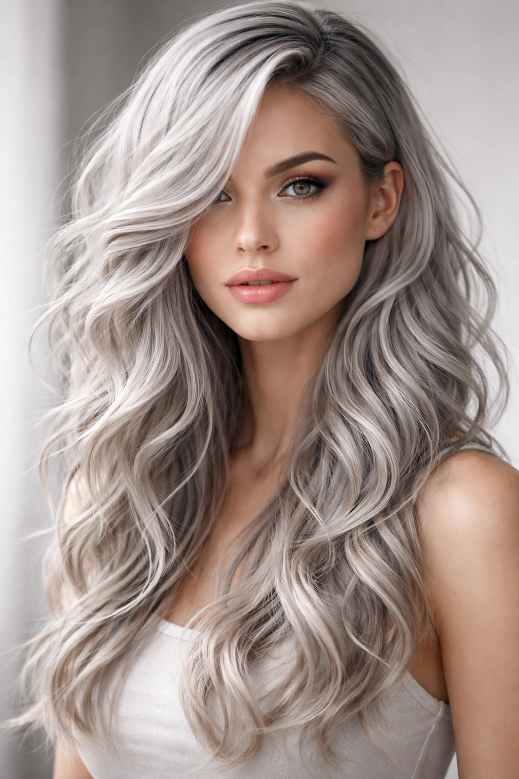Silver hair with asymmetrical layers and mixed waves