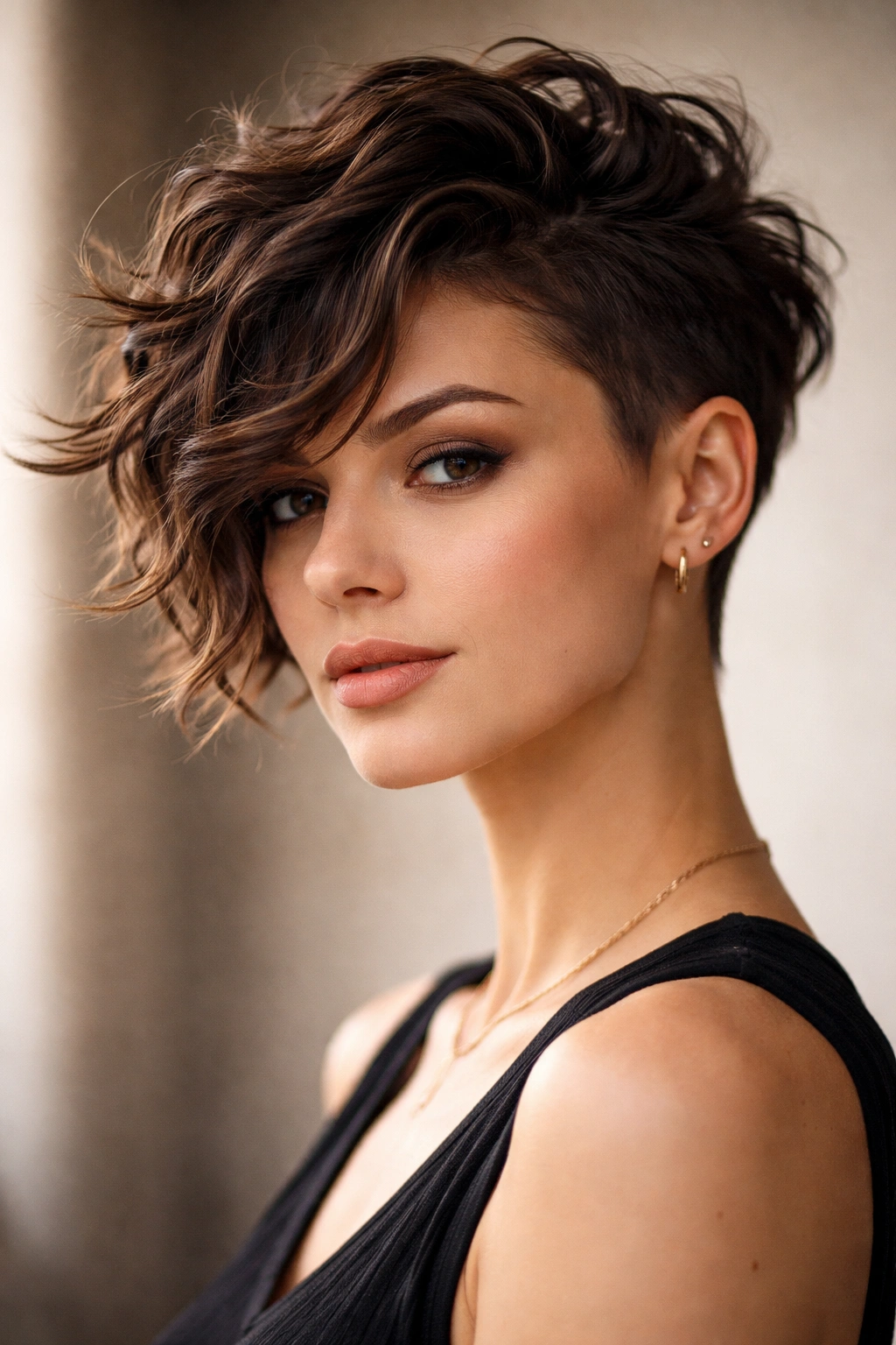 Three-quarter view of an asymmetrical wavy pixie with shaved side and longer opposite side