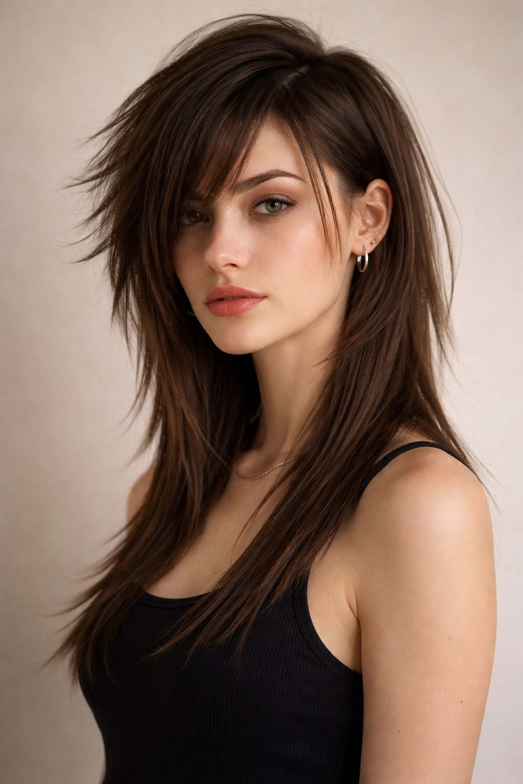 Angled view of asymmetrical wolf cut with one side shorter on straight hair.