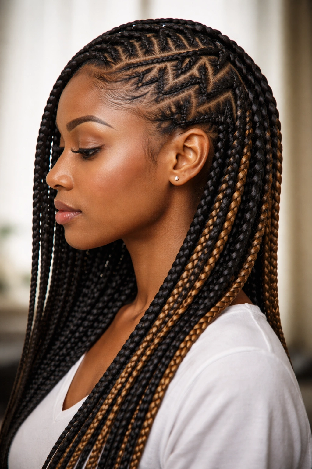 Close-up profile of off-center zigzag cornrows starting behind one ear with thicker braids on one side