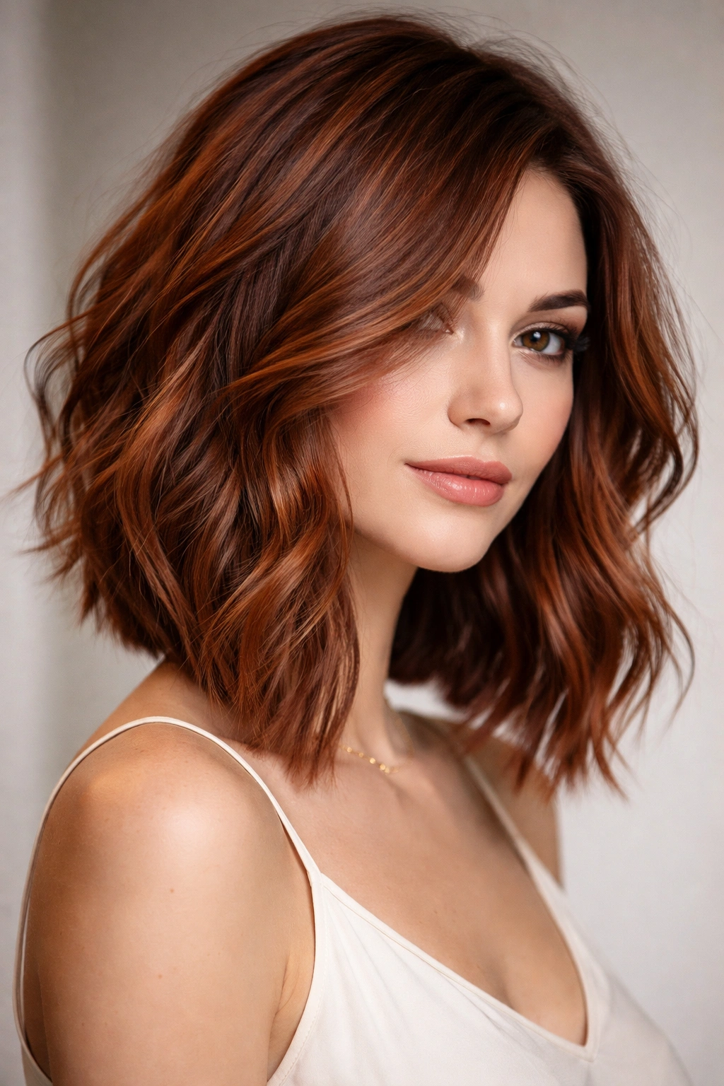 Angled wavy lob with longer front and shorter back in auburn tones
