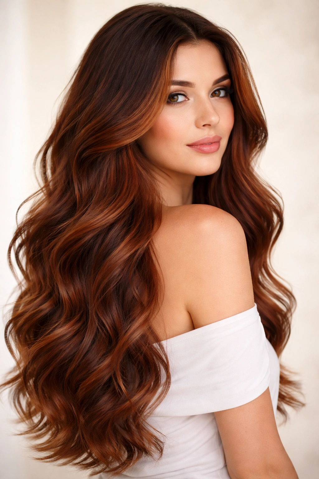 Long loose waves with auburn balayage under studio lighting