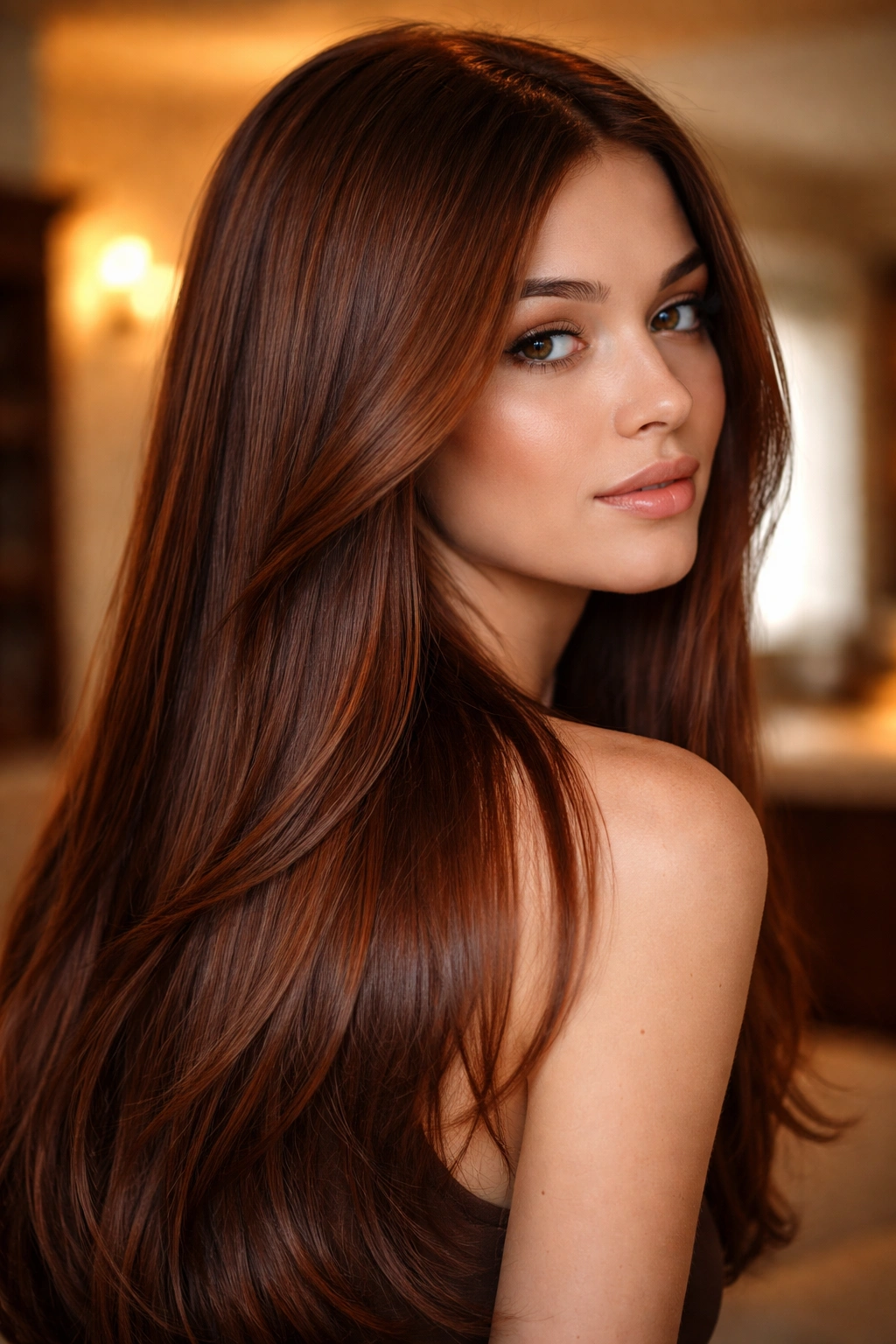 Straight hair in auburn brown with coppery reddish undertones.