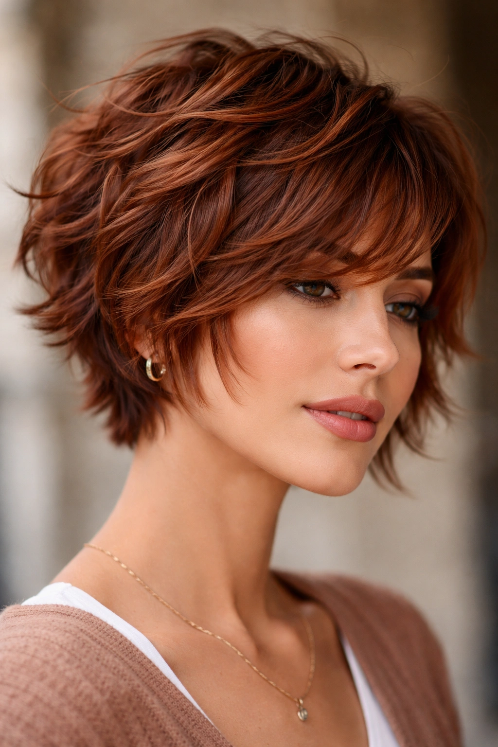 Close-up of auburn choppy short waves hairstyle on model