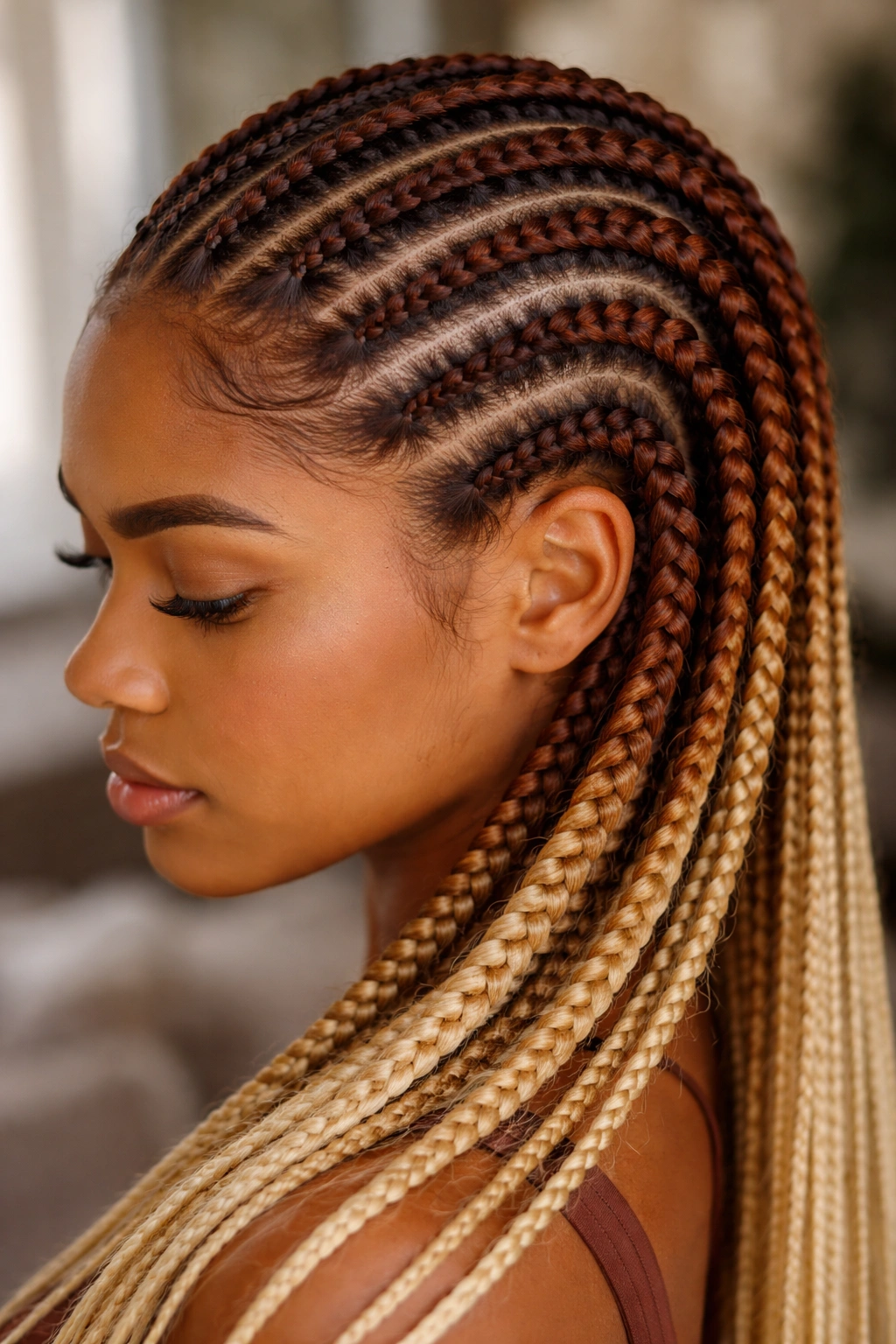 Close-up of auburn to golden blonde feed-in cornrows with dimensional highlights