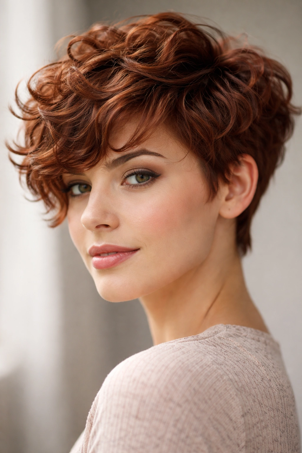 Auburn curly pixie with textured curls in a studio portrait