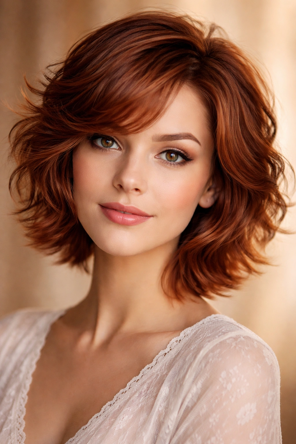 Soft auburn short waves with feathered layers in a studio portrait