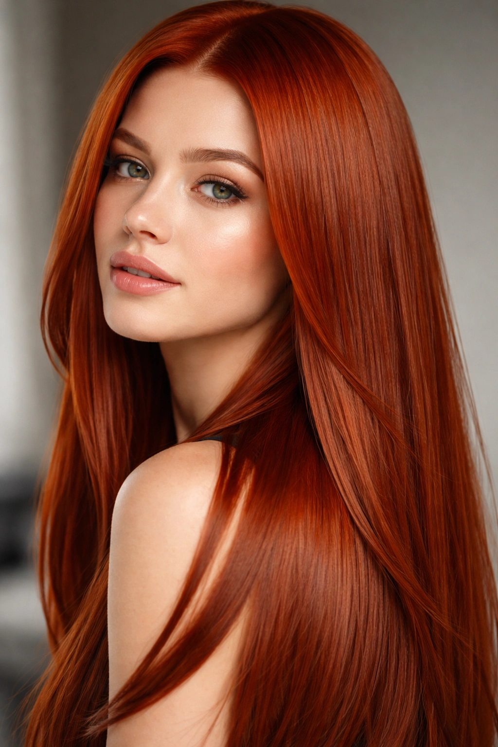 Close-up portrait of a person with straight Auburn Ginger hair showing vivid red tones